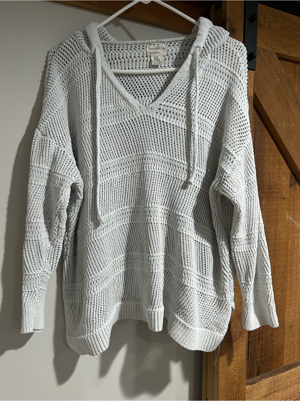 Nicole Miller Light Gray Open-Knit V-Neck Hoodie Sweater
